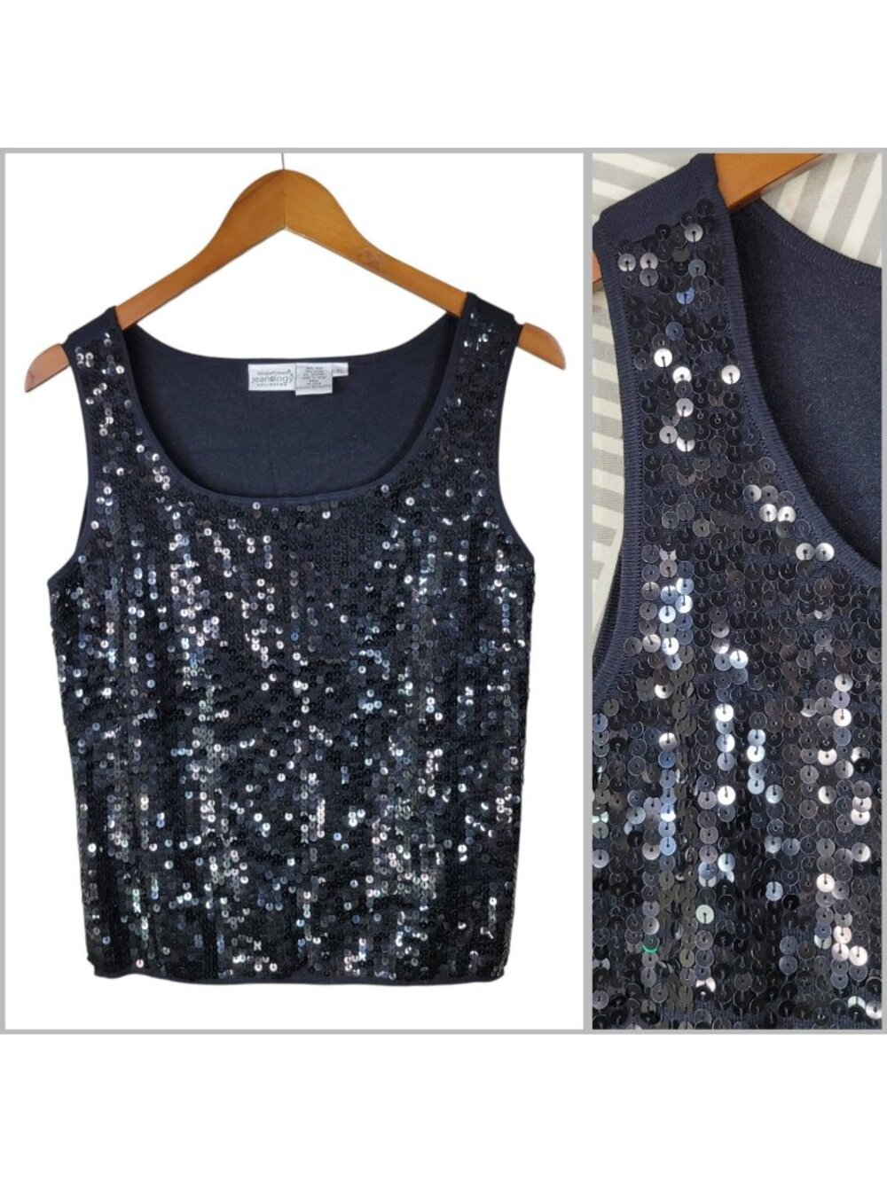 Vintage Y2K Silk Knit Tank Top XL Sequin Sleeveless Event Evening Alt Black